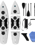 A paddleboard set with components including a grey three-piece paddle board, blue seat, and a black leash, shoulder strap, footrest and convertible paddle set on a white background.