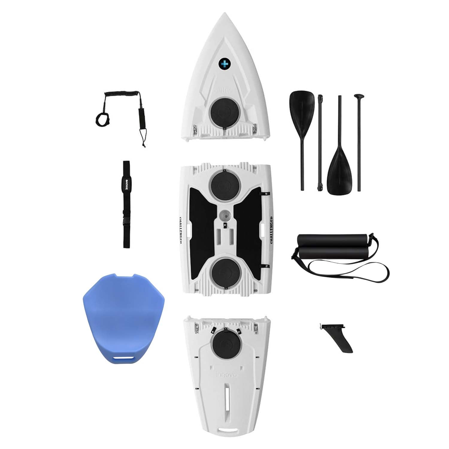 A paddleboard set with components including a grey three-piece paddle board, blue seat, and a black leash, shoulder strap, footrest and convertible paddle set on a white background.