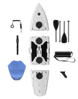 A paddleboard set with components including a grey three-piece paddle board, blue seat, and a black leash, shoulder strap, footrest and convertible paddle set on a white background.