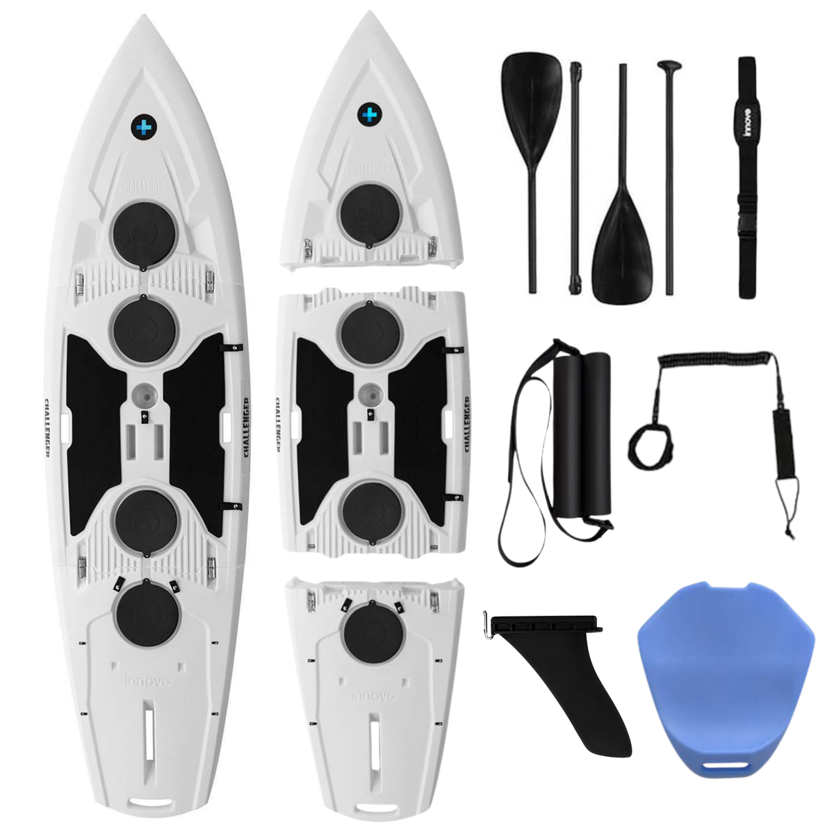 A paddleboard set with components including a grey three-piece paddle board, blue seat, and a black leash, shoulder strap, footrest and convertible paddle set on a white background.